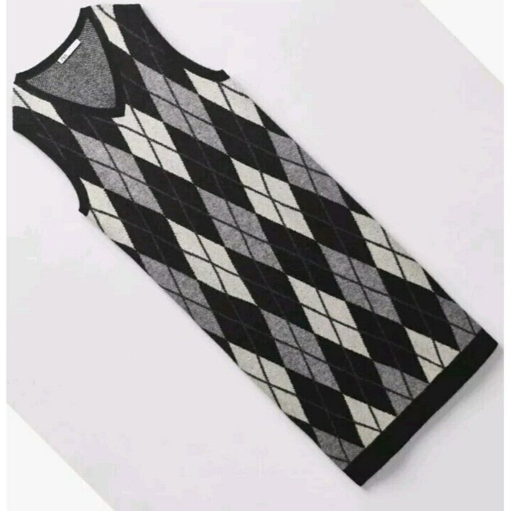 ZARA NEW WOMAN MIDI KNIT DRESS WITH DIAMONDS ECRU BLACK Small 5755/144
